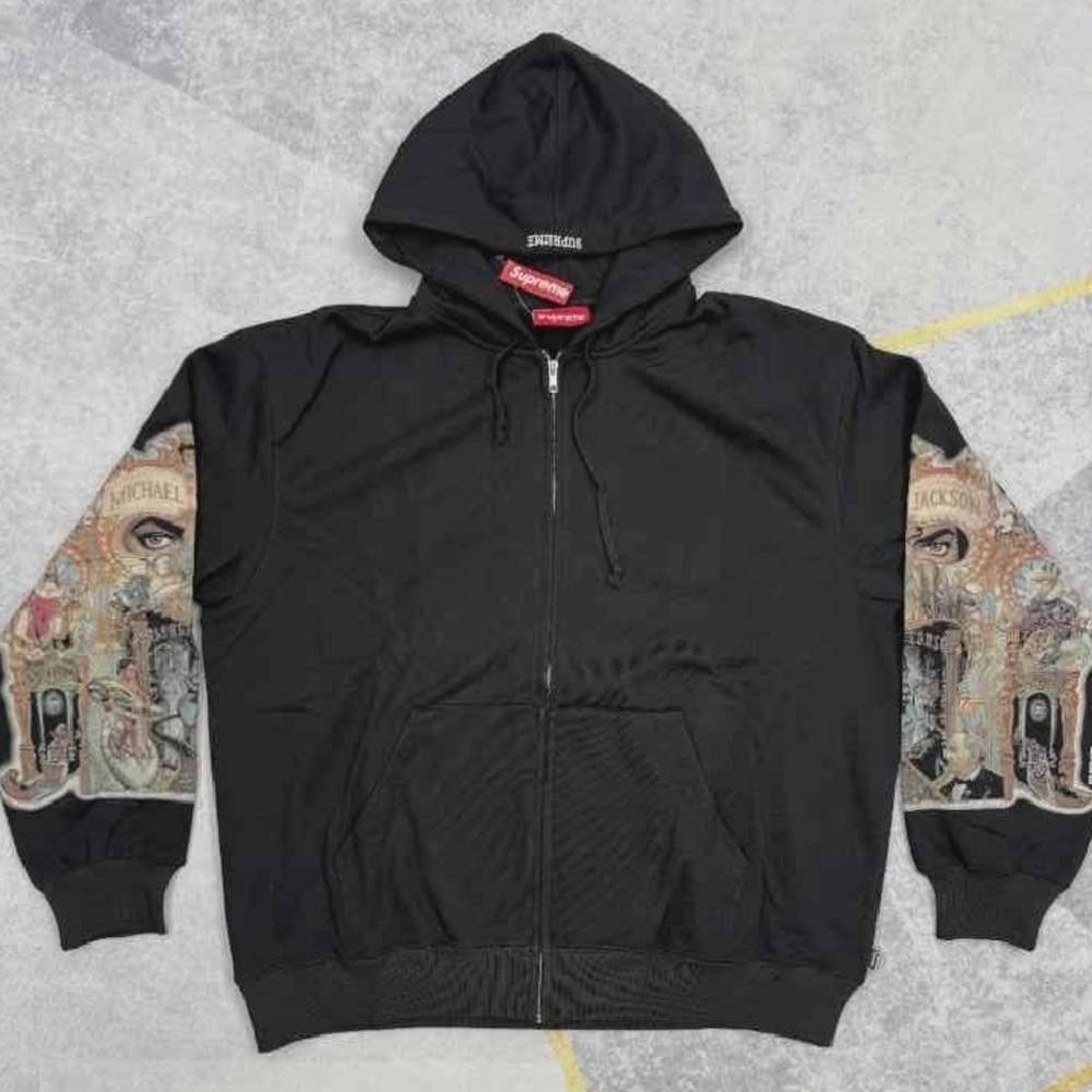 Supreme Black Zip-Up Hoodie with Graphic Michael Jackson Sleeve Art